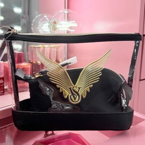 Victoria's Secret Fashion Show Cosmetic Case Black and Clear Gold Wings  NWT - Picture 1 of 11